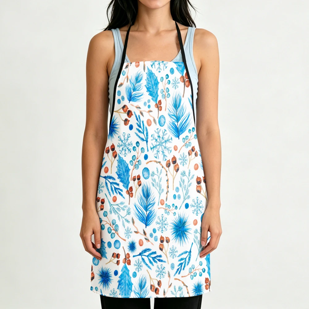 Watercolor Botanical Apron Winter Leaf Berry Print Kitchen Aprons Cooking Baking Cleaning Adjustable Bibs