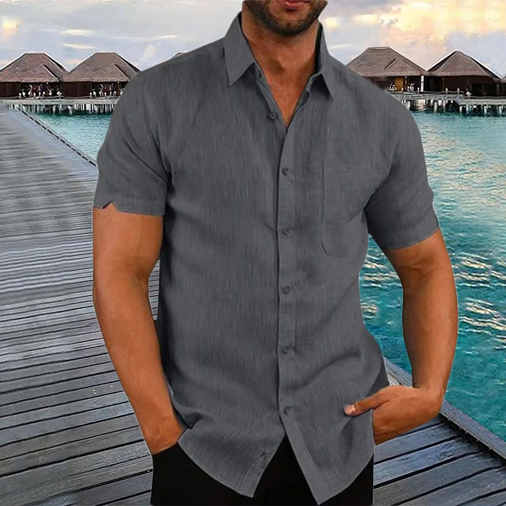 Hot Selling Cotton Linen Men\'s Short-Sleeved Shirts Summer Lightweight Solid Color Turn-down collar Casual Beach Style Plus Size