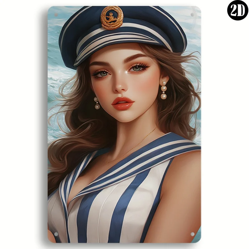 2D Metal Sign, Retro Sailor Theme Iron Tin Sign for Home Garage Club Restaurant Outdoor Wall, Pre-Drilled Holes