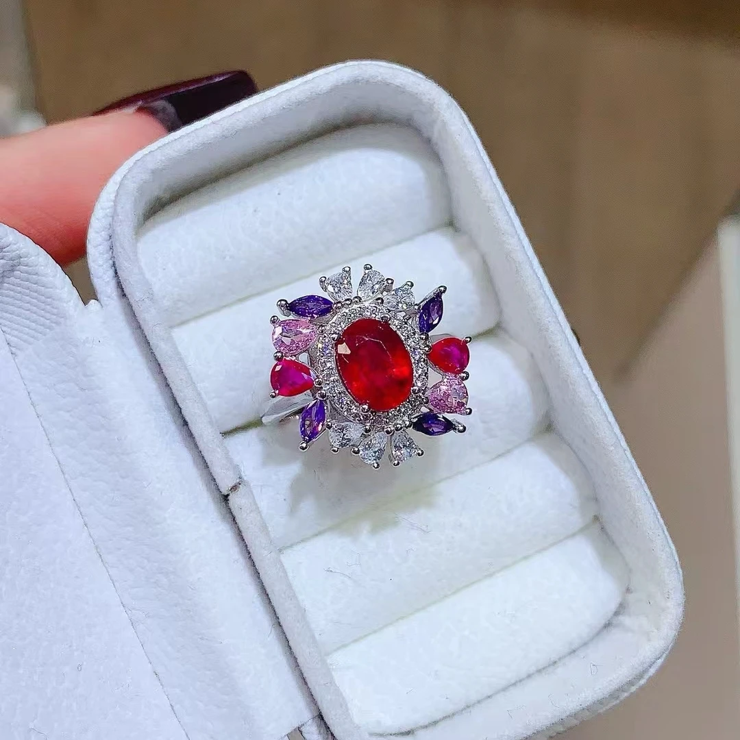 KJJEAXCMY Natural Myanmar Ruby Ring S925 silver , electroplated locking color process, high clarity Gems Full of luster