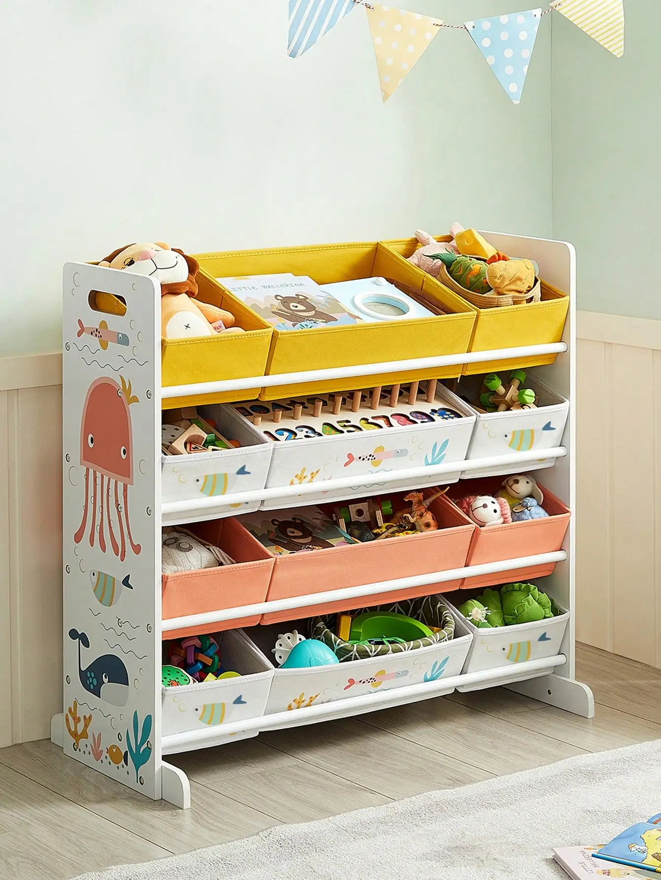 SONGMICS Scaffale per giocattoli con 12 contenitori in tessuto, organizer per libri per bambini, contenitore per sala giochi, multiuso, bianco