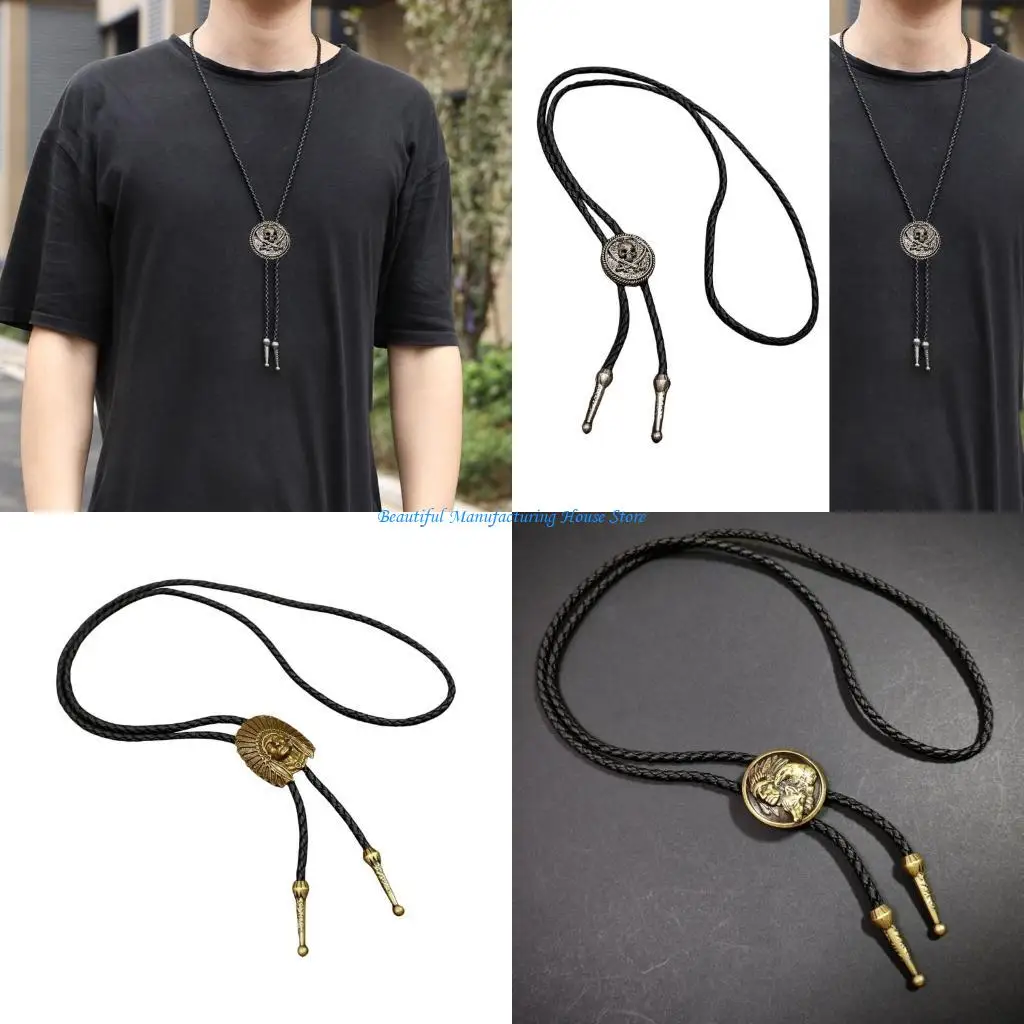 E56A Vintage Metal Pendant Bolo Tie Cowboy Leather Cord Necktie for Men and Women
