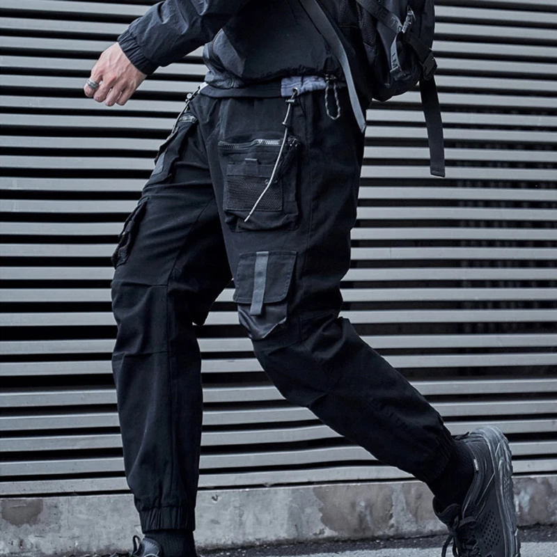 Winter Men's Thick Mesh Pocket Webbing Decor Cargo Jogger Pants Multi Pocket Elastic Cuff Hip Hop Streetwear Casual Trousers