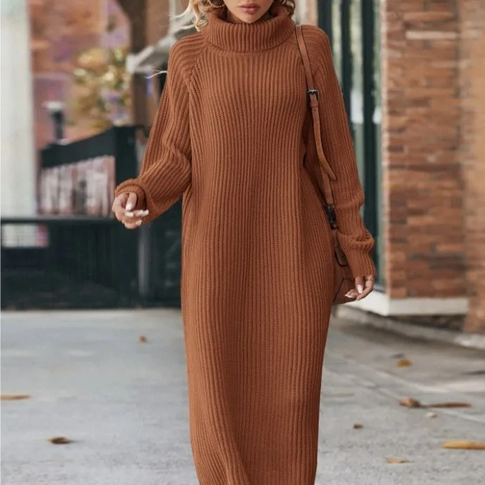  Winter New Women's Fashion Temperament Elegant Slim Fit Coat Long Woolen Dress Loose Casual High Neck Knitted Dress