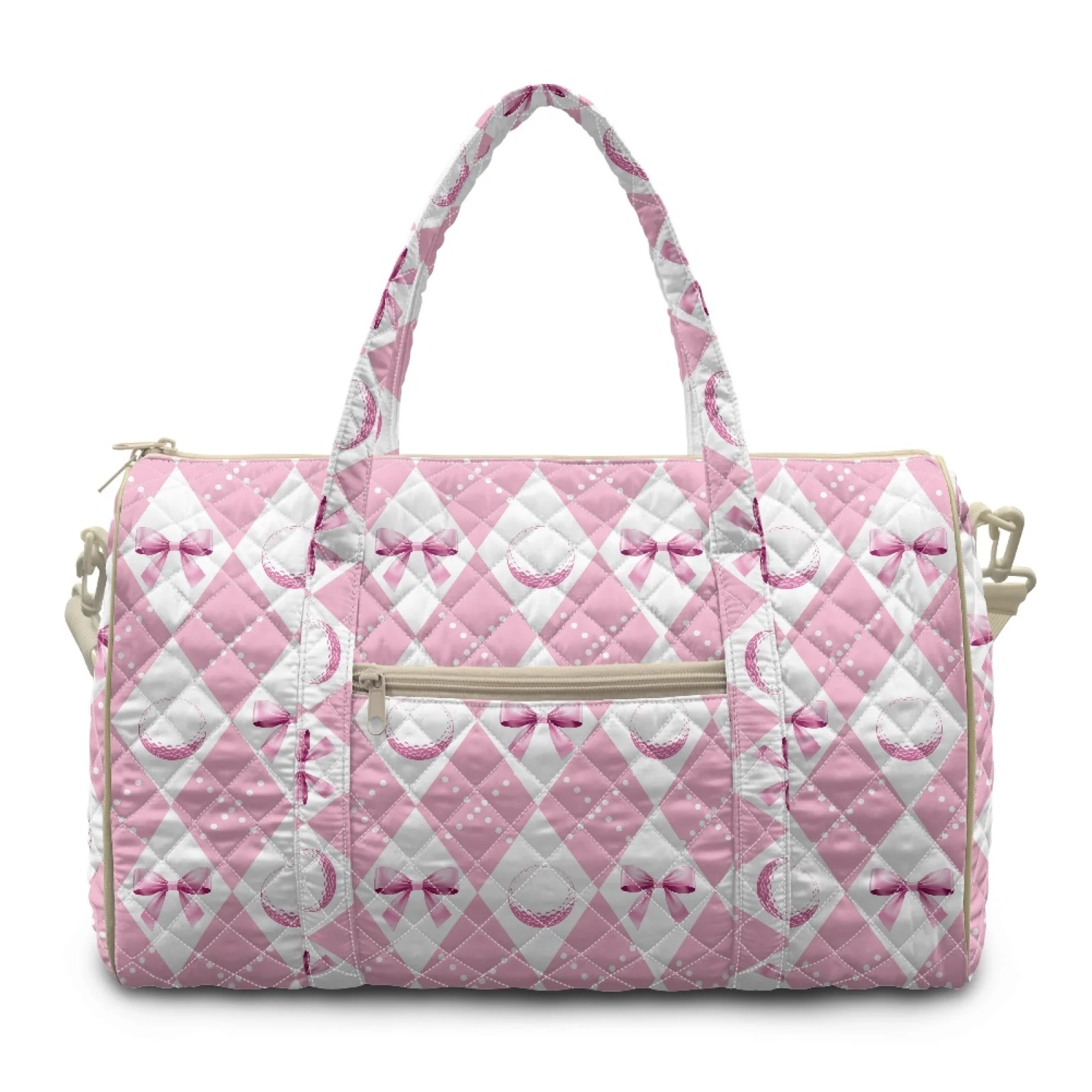 Coloranimal Pink Bow Argyle 2026 New Quilted Luggage Bag Polyester Lightweight Workout Duffle Bag for Casual Outings