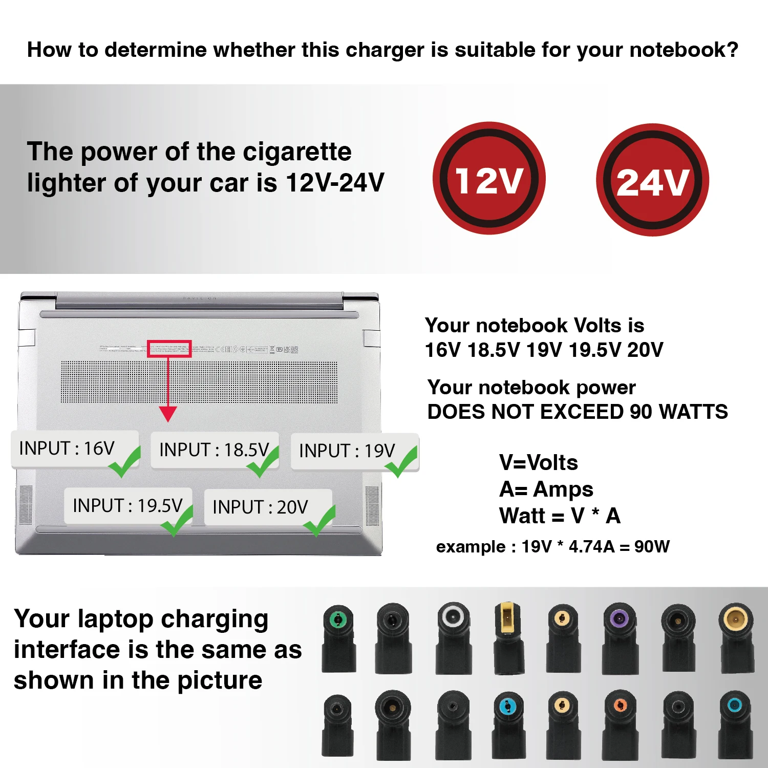 12V-24V 108W Universal Laptop Car Charger with QC3.0 DC Adapter Power Supply 16V 18.5V 19V 19.5V 20V for HP Dell IBM Lenovo Acer