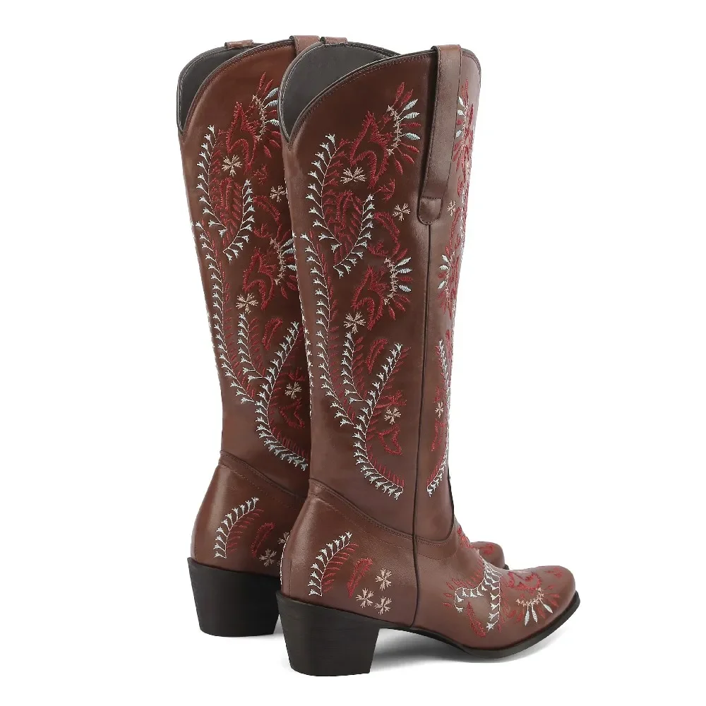 Winter Western Women Mid-calf Boots Brown Black Embroidery PU High Heels Round Toe Amierican Cowboys Cowgirls Slip-on Half Boots