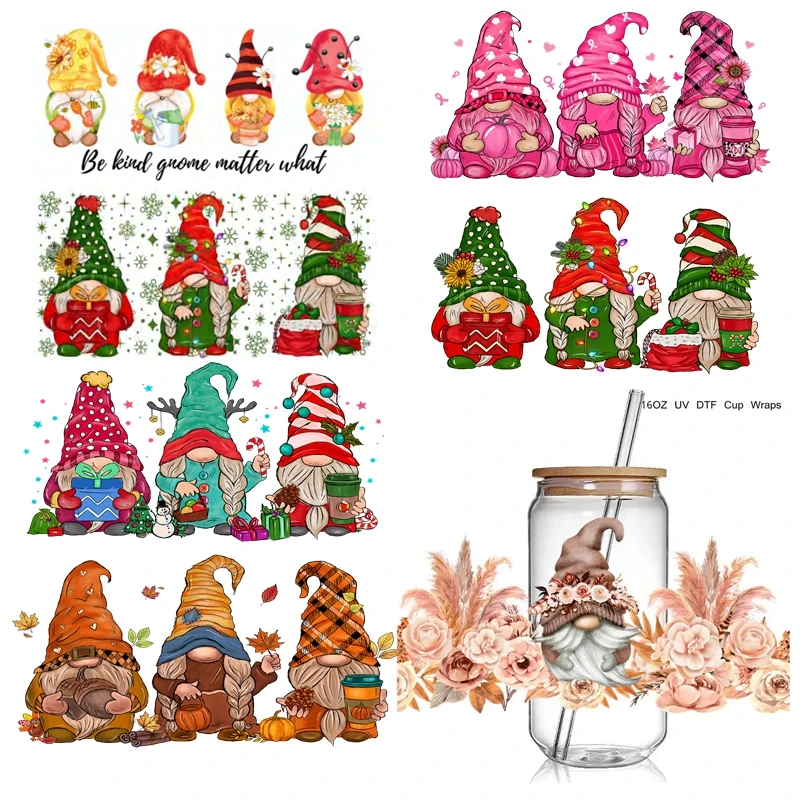 

5+ NEW 16oz Glass Can Wrap Boho Gnome Design 3D UV DTF Cup Wraps stickers Christmas Gome Lover Wraps for cups Tumbler