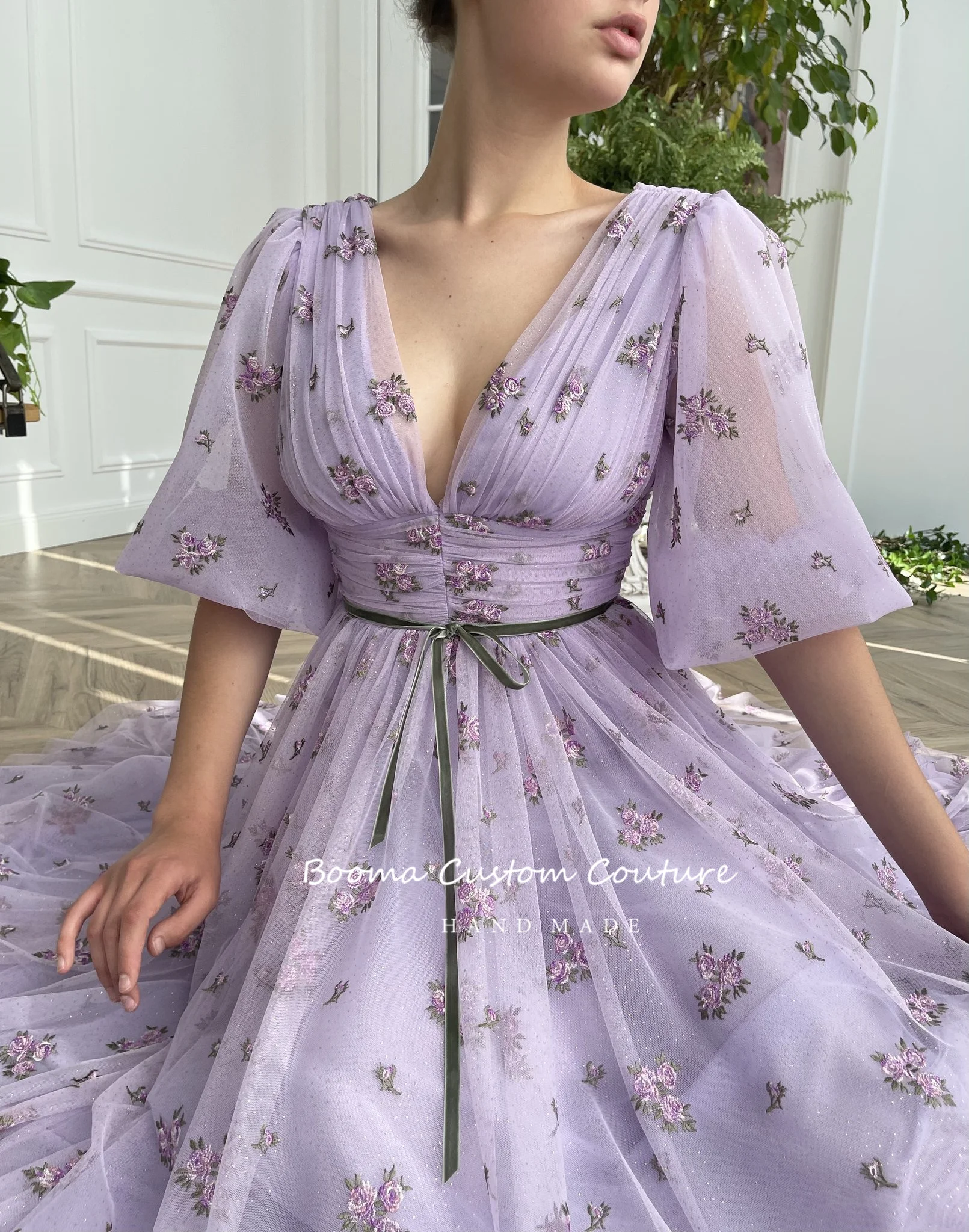 Booma lavanda mergulhando com decote em v tule midi vestidos de baile meia manga puff bordado rendas chá-comprimento a linha vestidos de festa de casamento