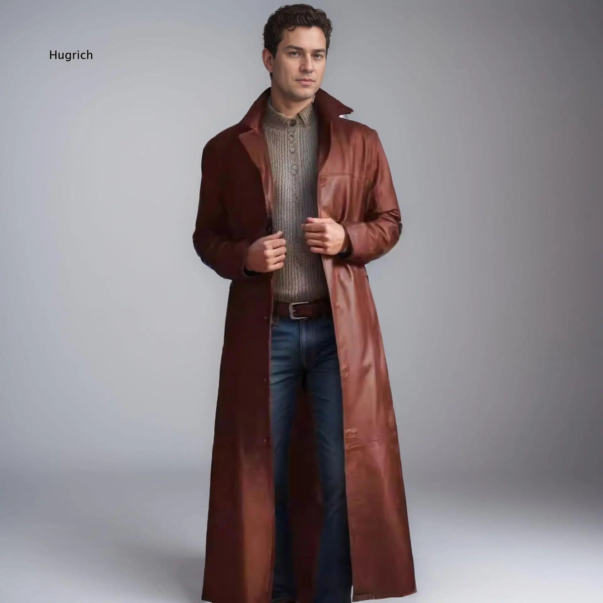 Extra Long Length PU Leather Trench Coat For Men Slim Fit Fashion Outer Jacket For Cross Border Stock Supply For Daily Commute S