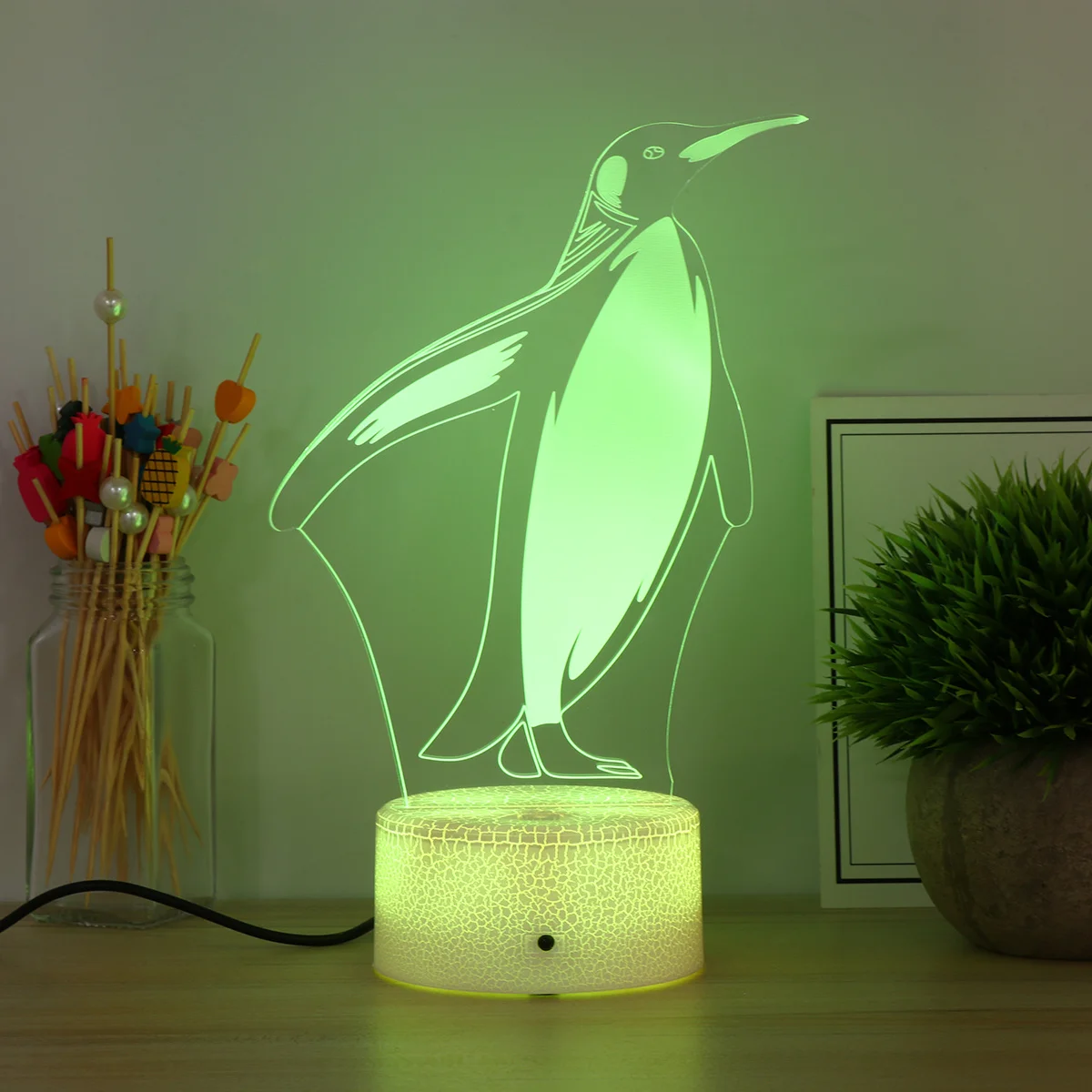 Lampa Nocna LED 3D Akrylowa z Efektem Dotykowym, Wzór Pingwin, Kolorowa Iluzja Świetlna, Dekoracja na Imprezę, Ślub, do Sypialni