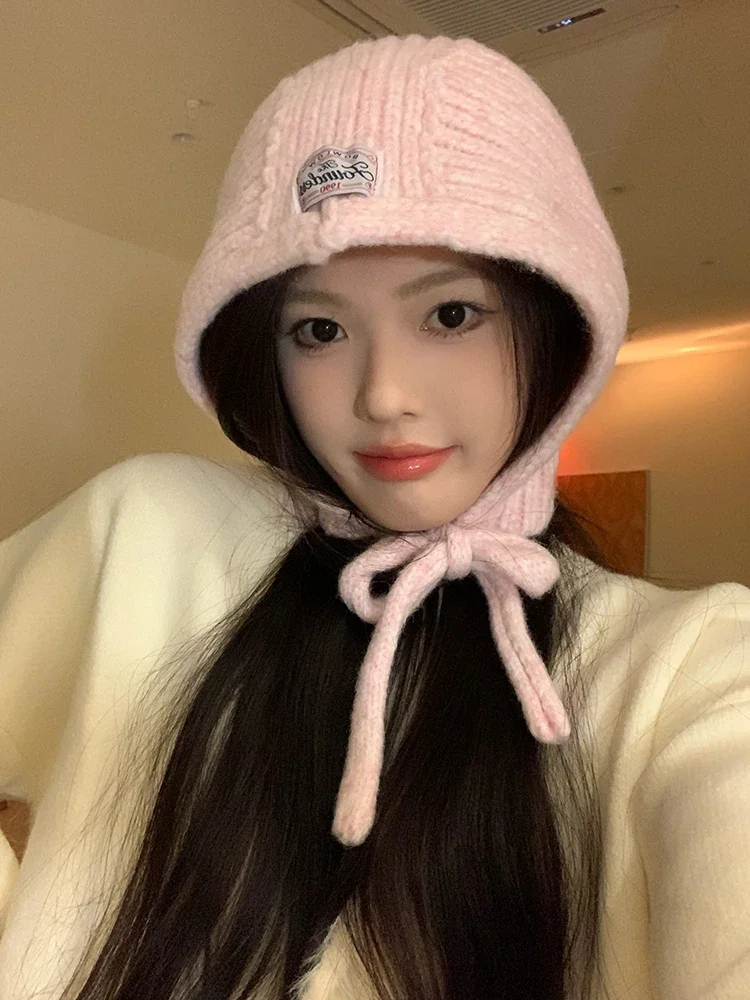Strap Ear Protectors Knitted Bomber Hat Women Autumn Winter New Korean Version Thickened Warm Showing Small Face Pullover Hat