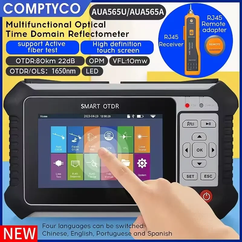 Optical Time Domain Reflectometer 80km 1650nm 9 in 1 Multilingual Band OPM VFL RJ45 OTDR Live test AUA565U Otdr De Fibra