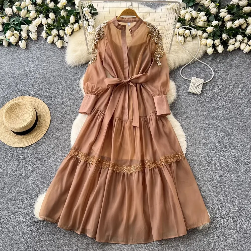 

New Women Dress Party Dresses Long Shirt Dress Long Sleeved Beaded Embroidery Casual Office Ladies Sashes A-Line Maxi Dresses