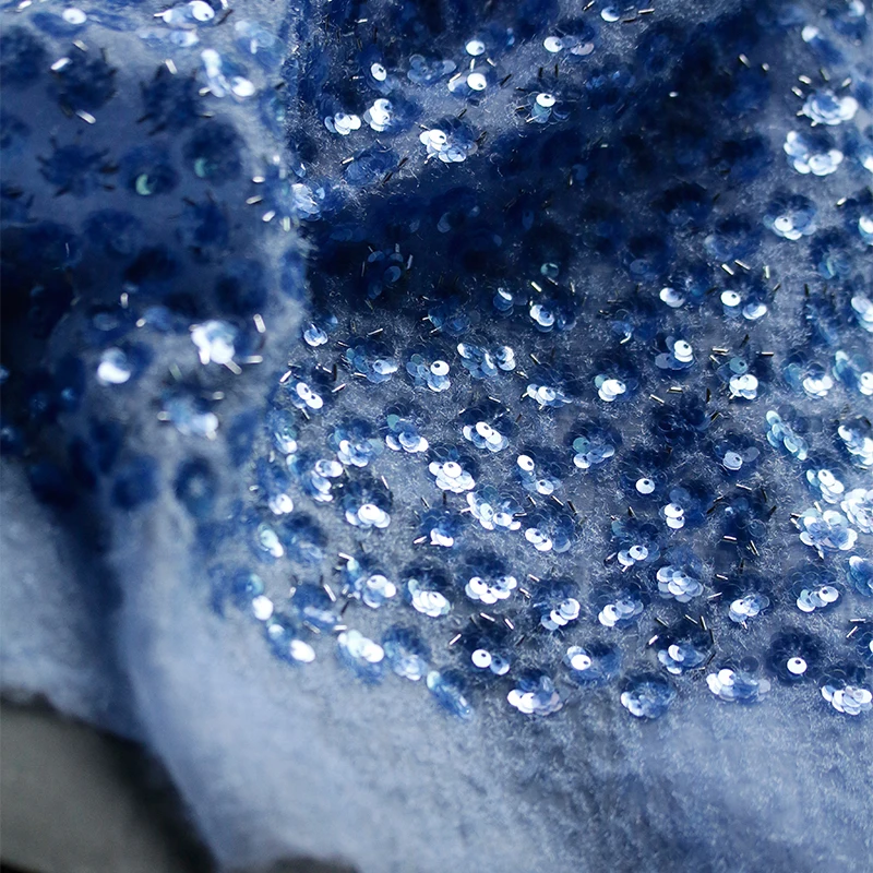 

Синяя бархатная ткань с вышивкой бисером и блестками для дизайнерского роскошного вечернего платья Haute Couture, ткань из материала