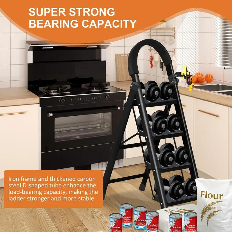 Step Ladders for Home 4 Steps Foldable Iron Frame Step Stool Heavy Duty Anti Slip Triangular Structure Stool Ladder with Soft