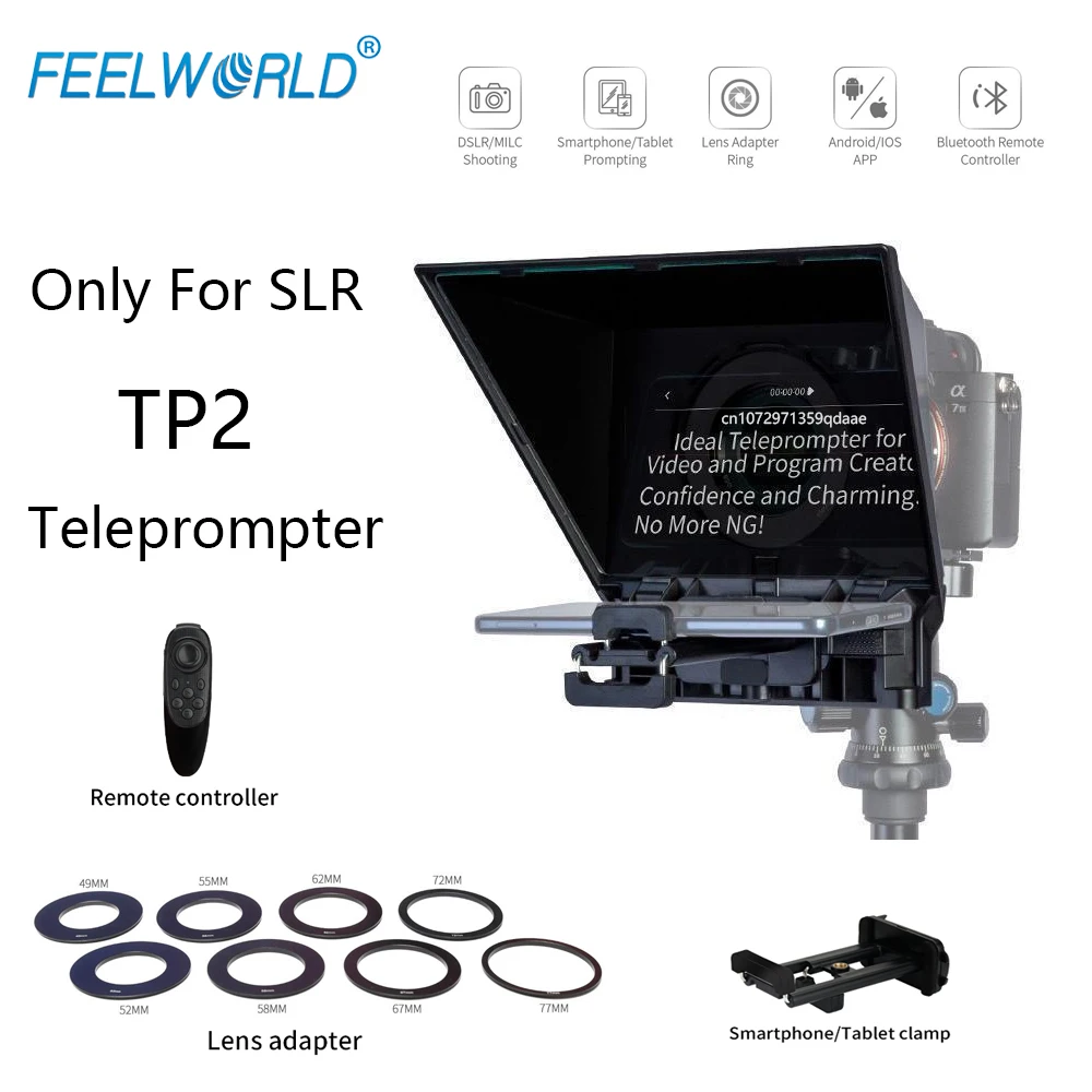 FEELWORLD TP2 téléprompteur portable de 8 pouces prend en charge jusqu'à 8" uniquement prise de vue DSLR avec anneaux d'adaptation d'objectif de contrôle Bluetooth