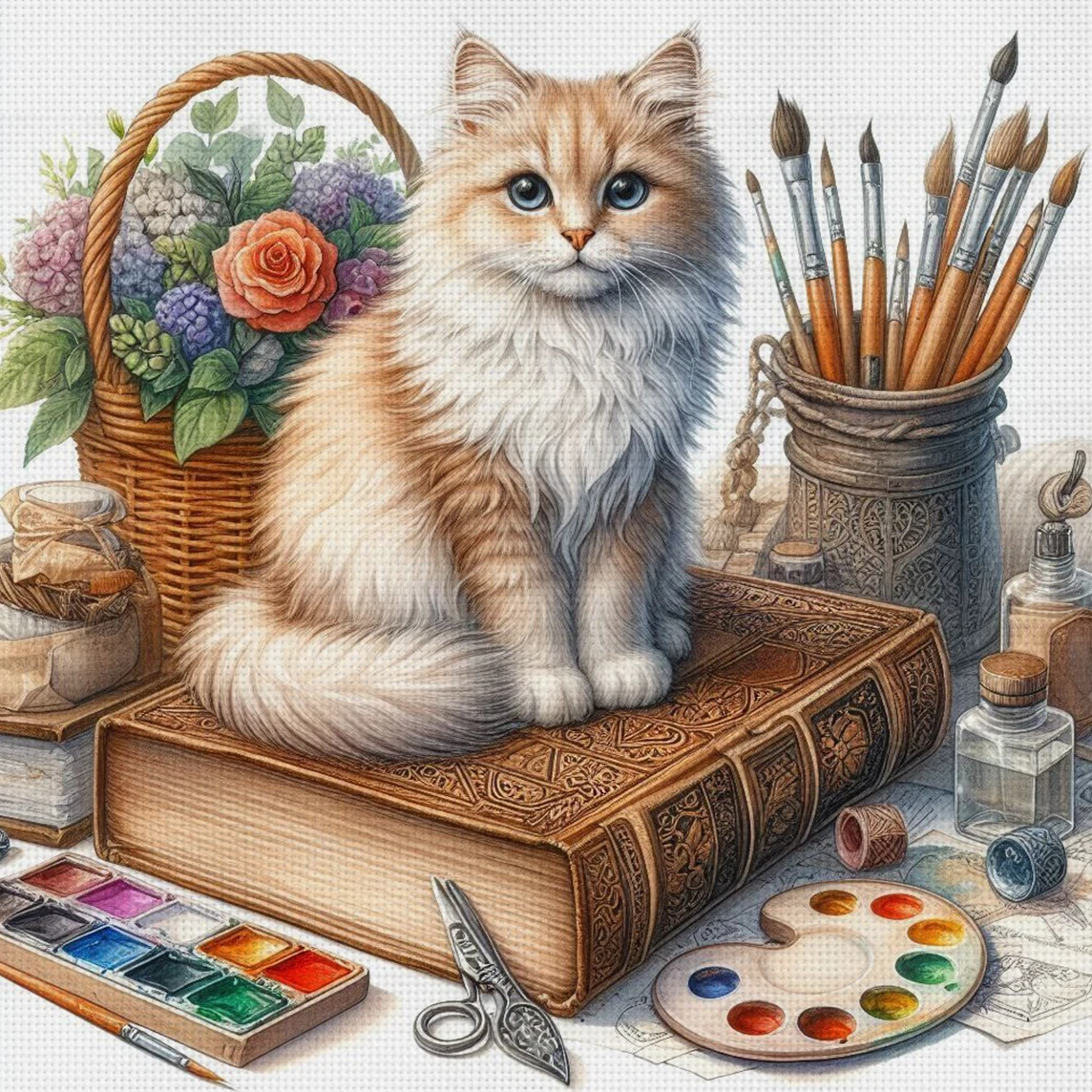 Gemütliches Studio-Katzen-Kreuzstich-Set zum Selbermachen, 11CT-Stickerei, Heimwanddekoration, Geschenk, handgefertigtes Material, rahmenlos, halbfertig, 36 x 36 cm