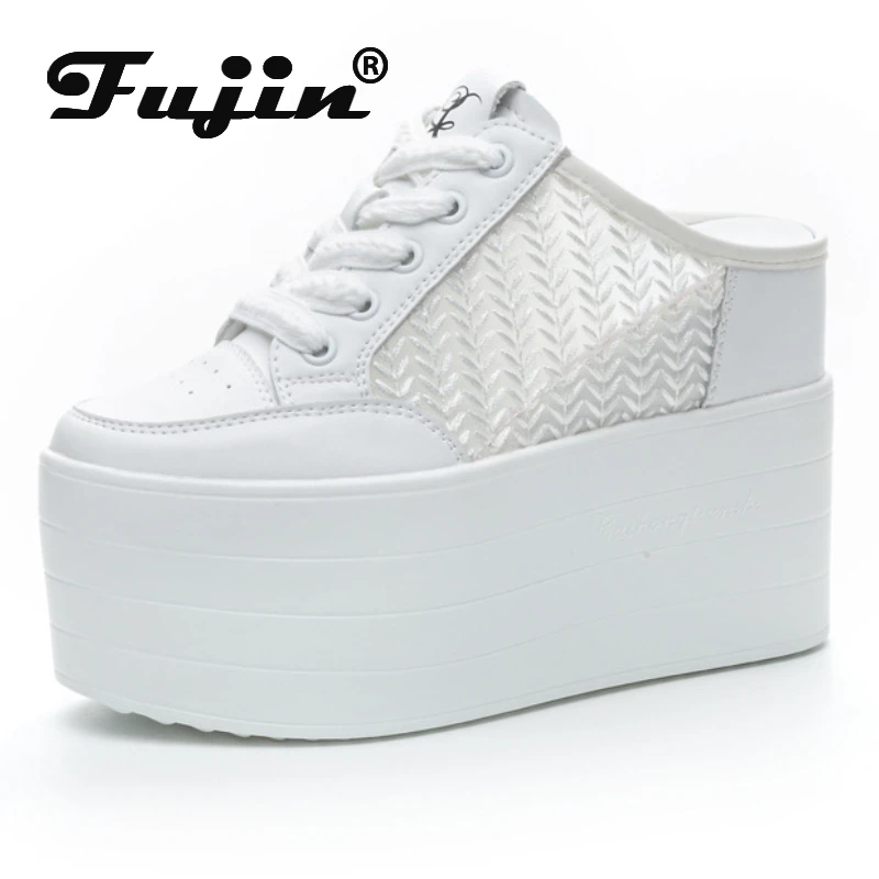 Fujin 12cm Slides Shoes Sneakers Slip on pantofole donna scarpe estive Wedge microfibra Leather Air Mesh Glitter Platform Sandals