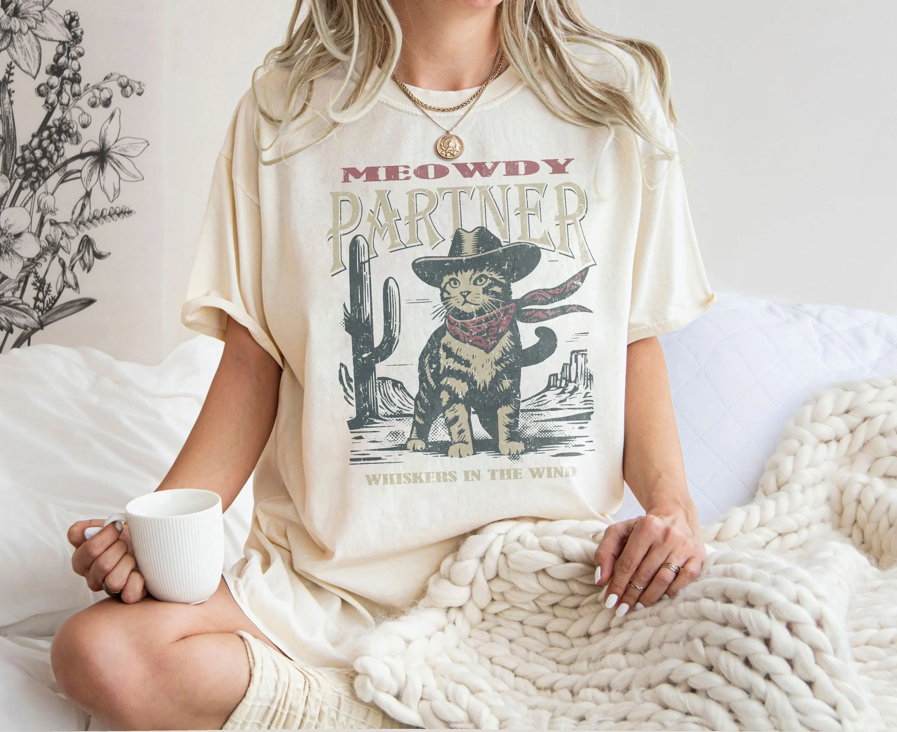 Meowdy-cowboy estilo cat t-shirt, retro, engraçado, vintage