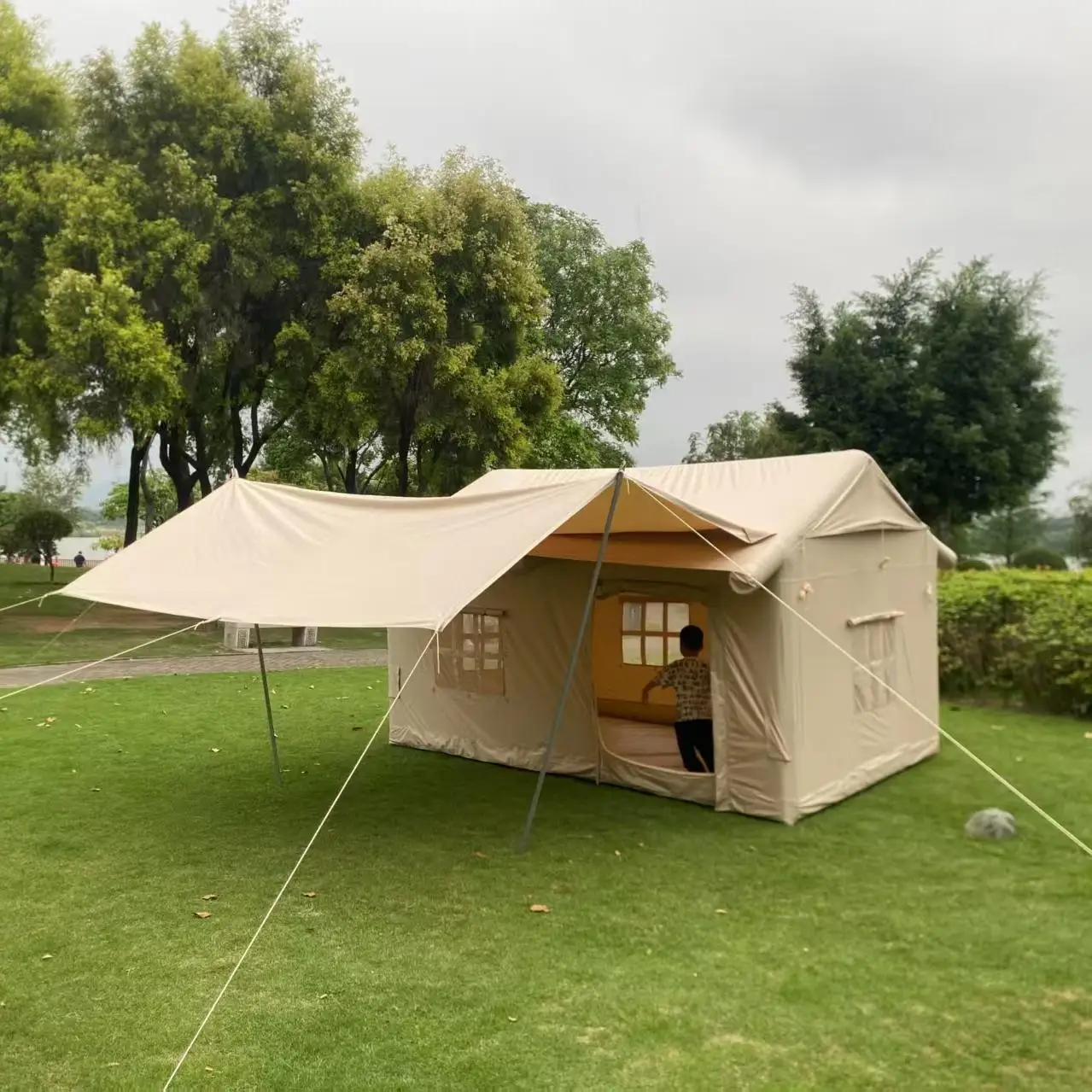 All-weather beige single bedroom cabin canopy tent combination | Windproof cotton canvas mixed frame | 3000ml waterproof