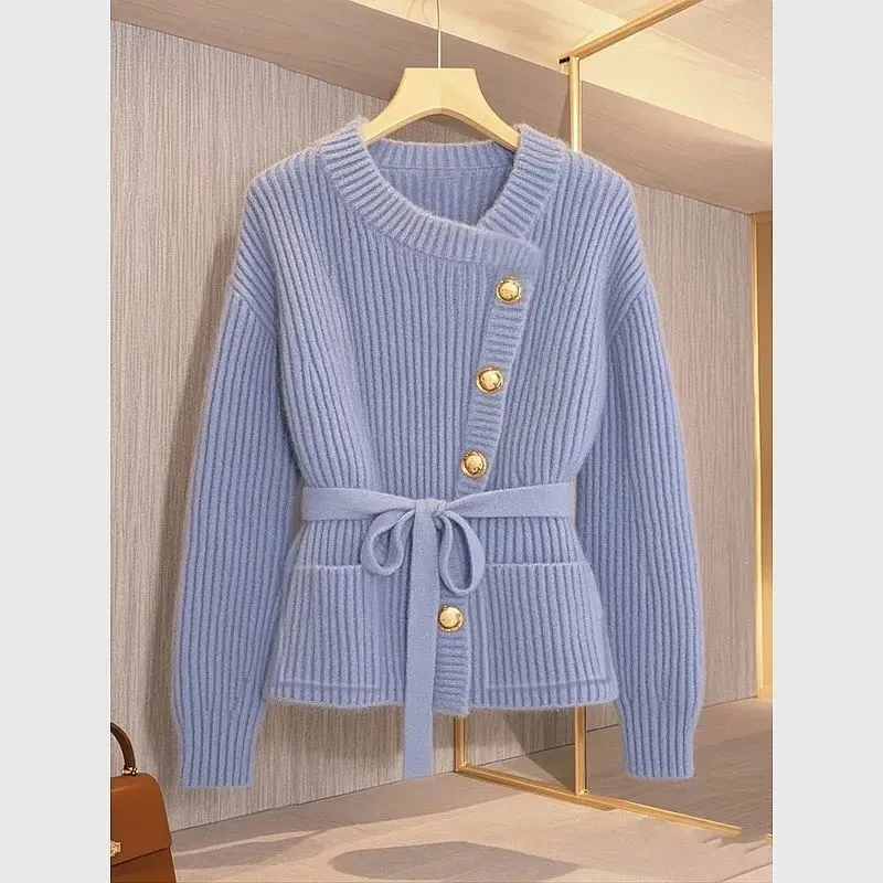 High-end And Super Nice Blue Sweater Jacket Women Clothing 2025 Winter Style, Unique And Unique Knitted Sweater Top