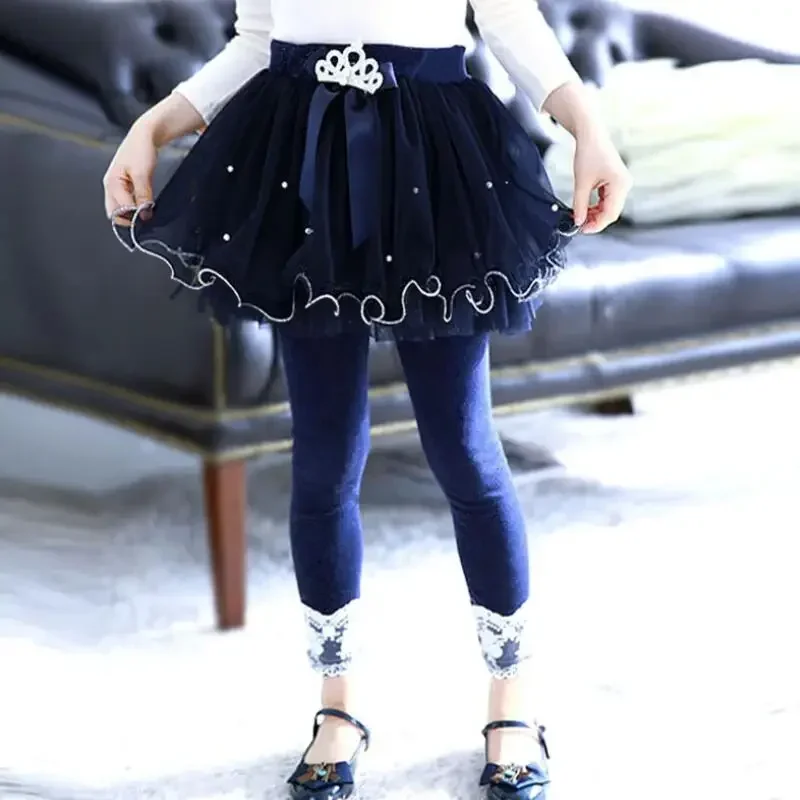 Girl Pants Tutu Skirt Trousers JW3257 2025 Girls Leggings Bowknot Pearls Crown Lace Children Pants Kids Elastic Cotton Legging