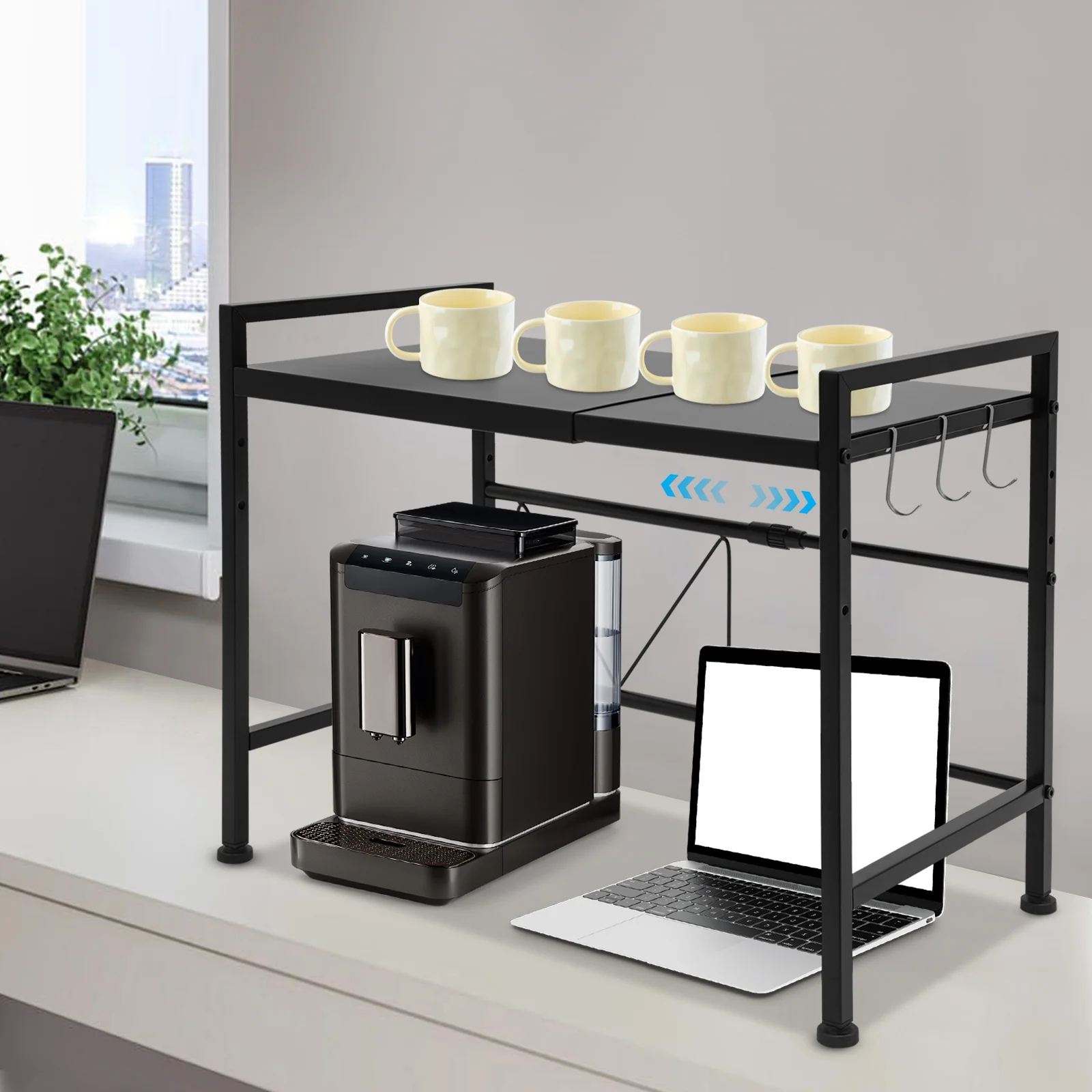 

H-shaped Expandable Microwave Rack, Black 2 Tiers Microwave Shelf, Microwave Stand with 3 Hooks