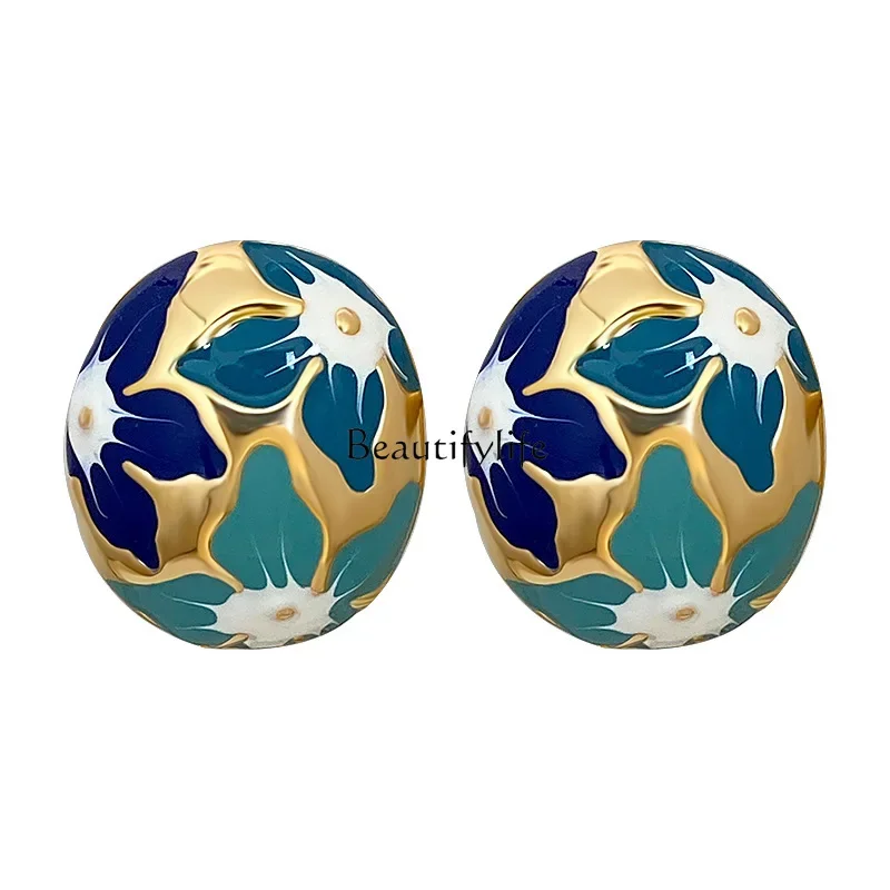 

Vintage Chinese Cloisonne Oval Stud Earrings Niche Unique Design Earrings