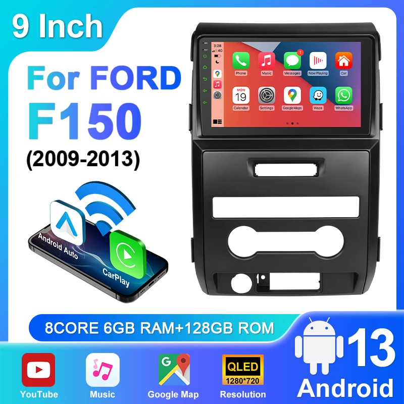 Android 13 Car Navigation 9 Inches for 2009-2014 Ford F150 Built-in for CarPlay + Android Auto / 6 + 128G Multimedia Player Car Intelligent System