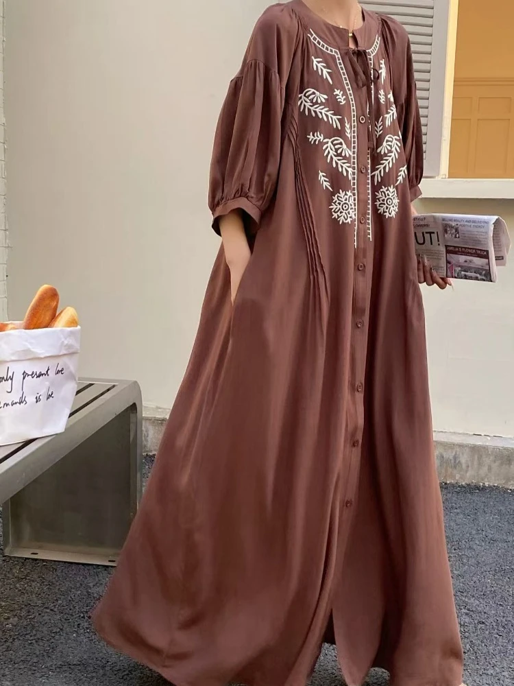 Luxury Court Style Buttons-down Embroidered Dress for Women Half Sleeves Casual Loose Fairy Long Dresses Boho Maxi Dresses