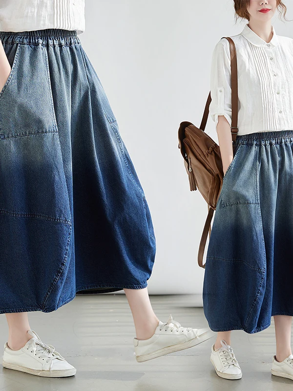 plus Size adient Color Denim Midi Skirt Women's Spring Faion Slimming Knee-Length A-Line Skirt Artistic Commute Sle