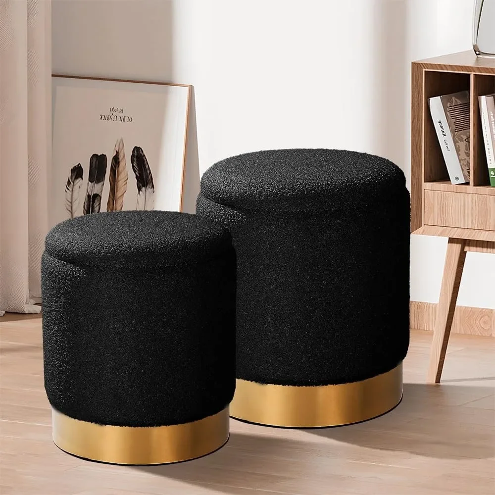 Set of 2 Round Ottoman with Storage Sherpa Storage Ottoman Chair Makeup Vanity Stool Chair Multifunctional for Living Room