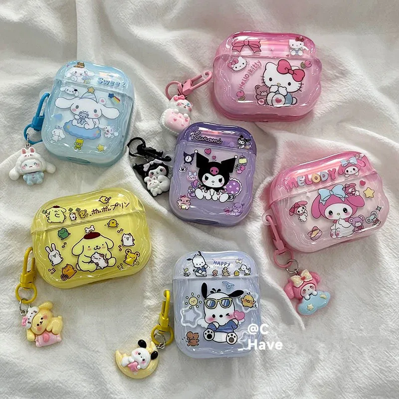 Urocze etui ochronne z breloczkiem do kluczy dla Apple AirPods 4 3 1 Pro 2, bezprzewodowe słuchawki Bluetooth, pokrowiec na słuchawki, torba na słuchawki