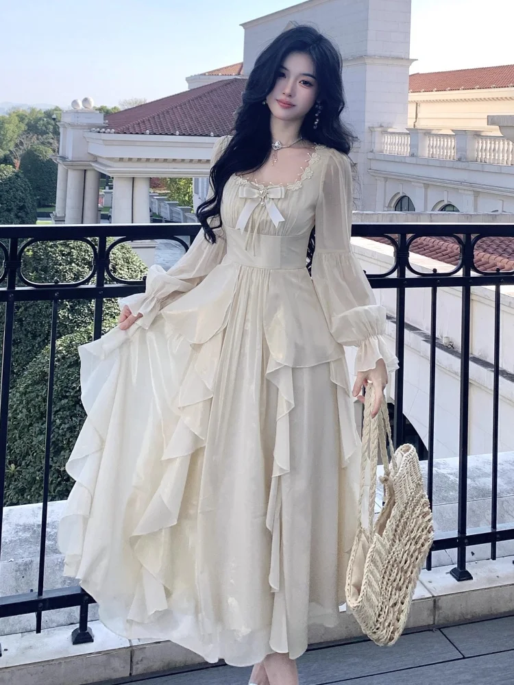

Autumn Women Party Long Dresses Elegant Square Neck Ruffles Bow Vintage Wedding Guest Vestidos Evening Party Going Out Outfits