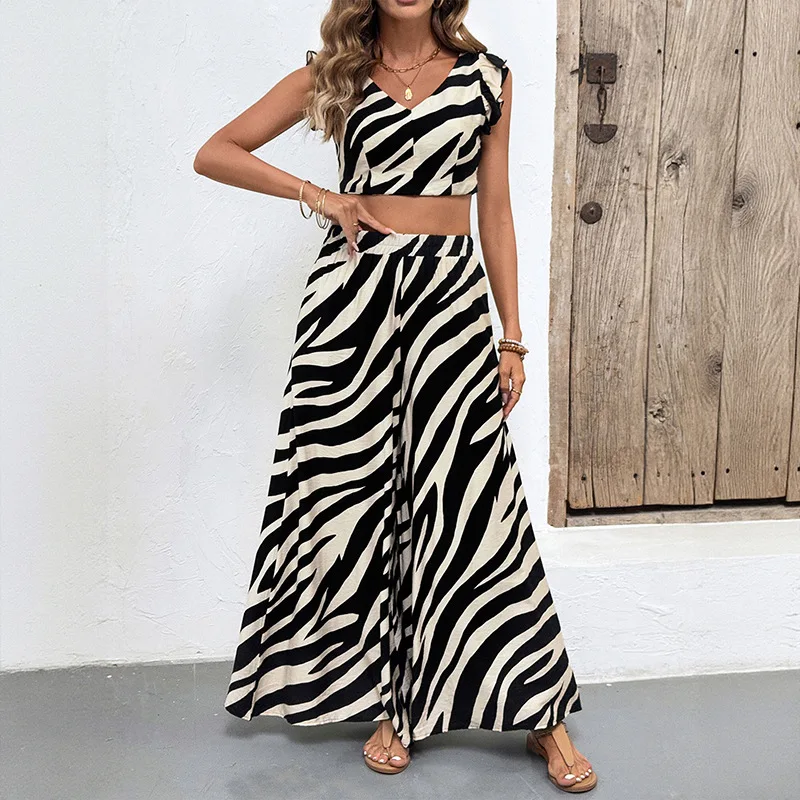 

Women Zebra Print Pants Sets Two Pieces Trousers Set Outfit V-Neck Female Camisole Short Sleeveless Top Stripe Wide Leg Jumpsuit