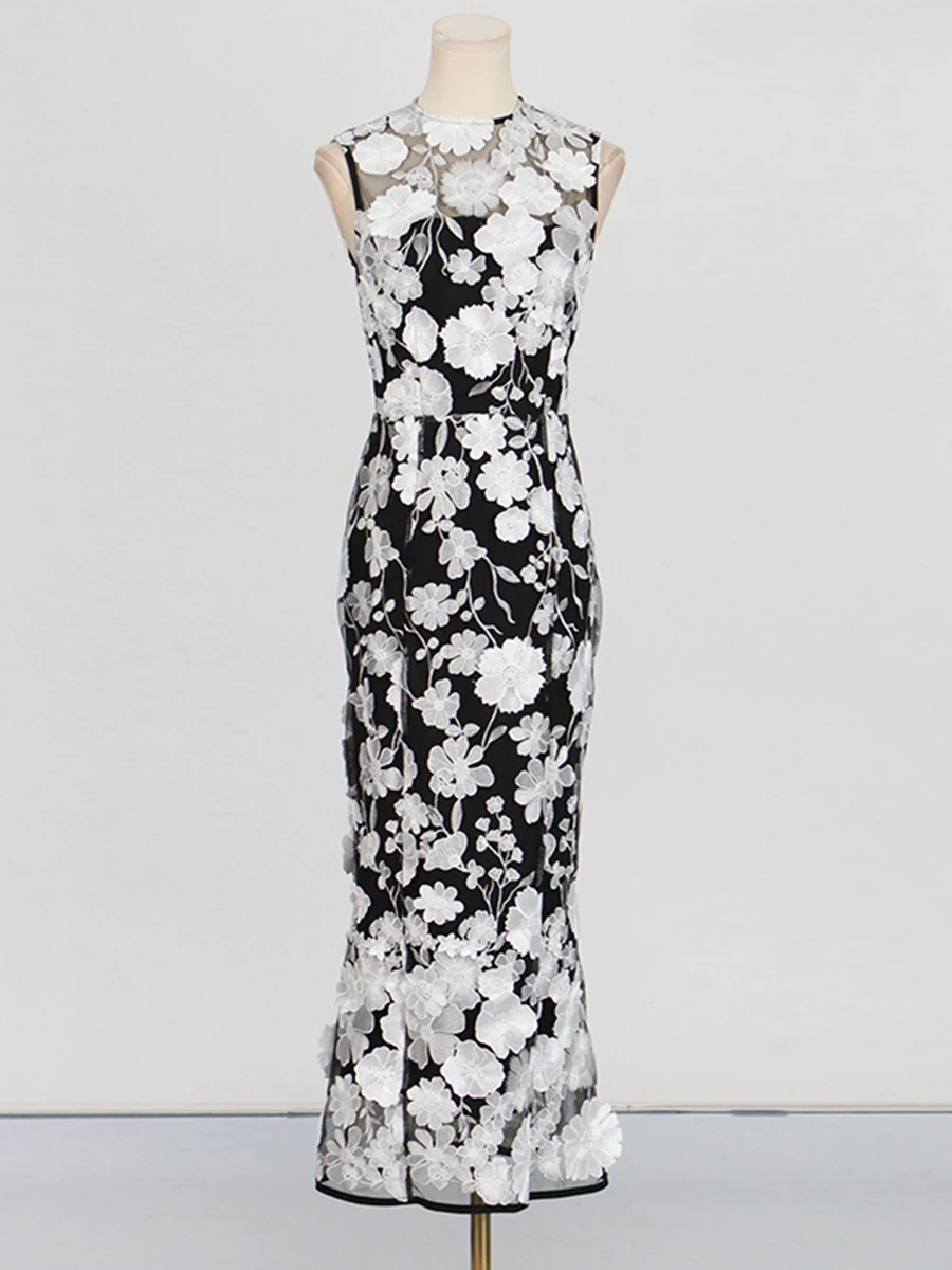 CHICEVER Solido Elegante Impiombato Appliques Abiti per Le Donne Girocollo Senza Maniche A Vita Alta Sheer Temperamento Abito Femminile Nuovo