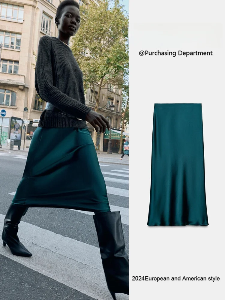 Spring New Arrival Women's Midi Skirt Silk Satin Versatile Ele f-length Skirt Stage Costume Ethnic Faion