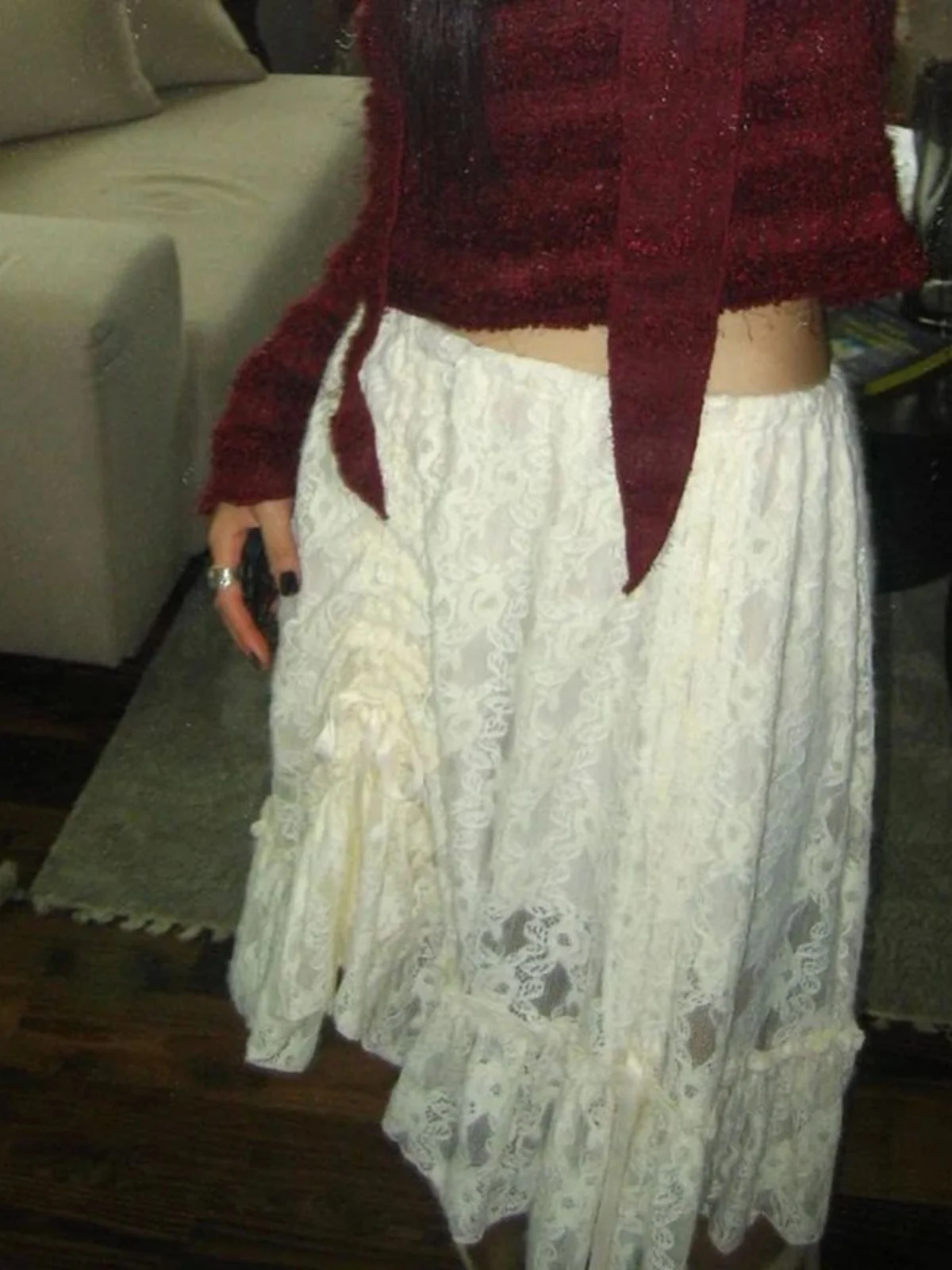 กระโปรงเอวต่ำ ผ้าโพลีเอสเตอร์ แต่งระบายลูกไม้สไตล์วินเทจ สำหรับผู้หญิงอายุ 8-24 ปี