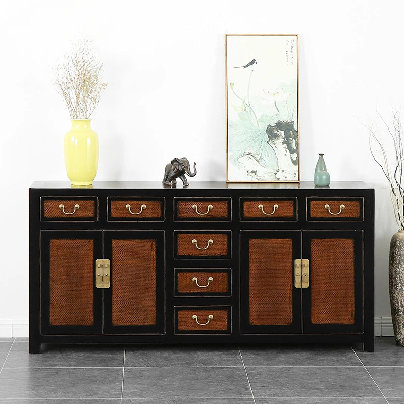 

Solid wood rattan mat cupboard dining side cabinet, antique living room locker, dining side tea cabinet elm storage cabinet