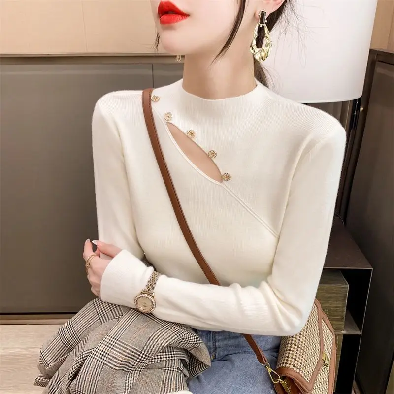 Korean Fashion Autumn Sweaters Pullovers Women Mock Neck Solid Button Office Lady Bottoming Female Slim Long Sleeve Knitted Tops