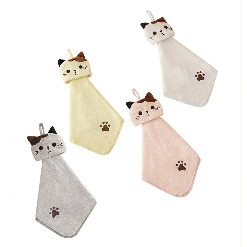 Coral Velvet Pocket Cat Embroidered Hand Towel Bathroom Hanging Absorbent Towel Kitchen Bathroom Square Towel