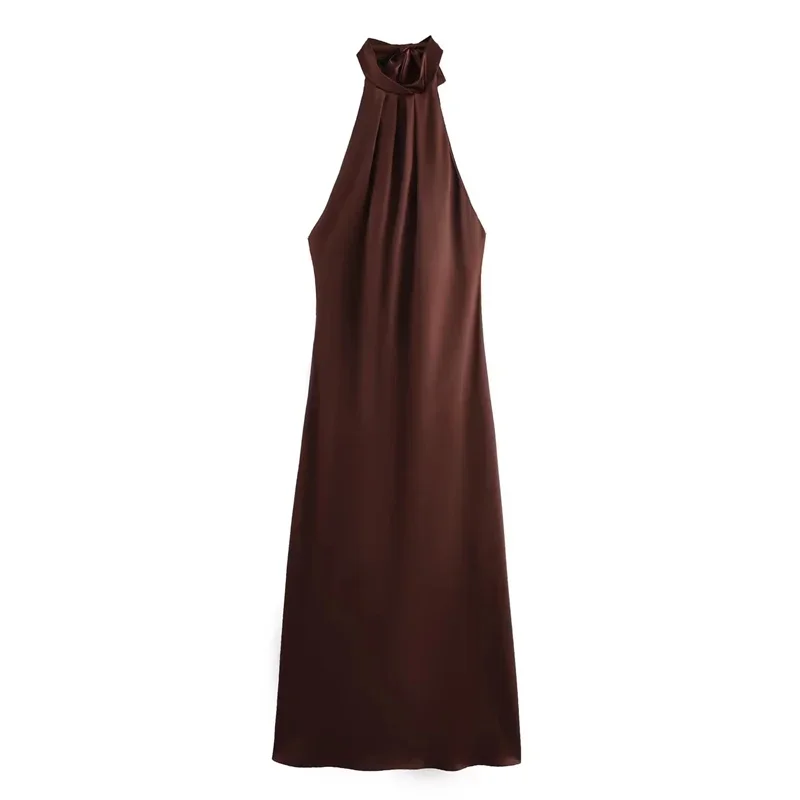 BWQ Halter Satin Dress Woman Off Shoulder Backless Long Dress Women Sleeveless Elegant Party Dresses Summer Evening Dresses