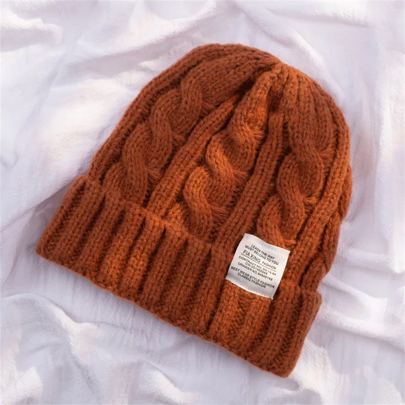 2024 Winter Beanie Hats Wool Thicken Warm Skullies Couple Cap Twist Female Bonnet Hat Knit Cap Solid Color Fashion Women