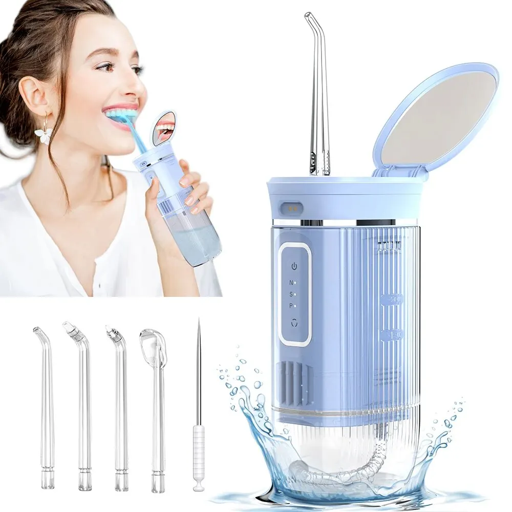

Water Dental Flosser, Portable Cordless Oral Irrigator with Blue Light, Rechargeable Water Teeth Cleaner, Telescopic Water Tank