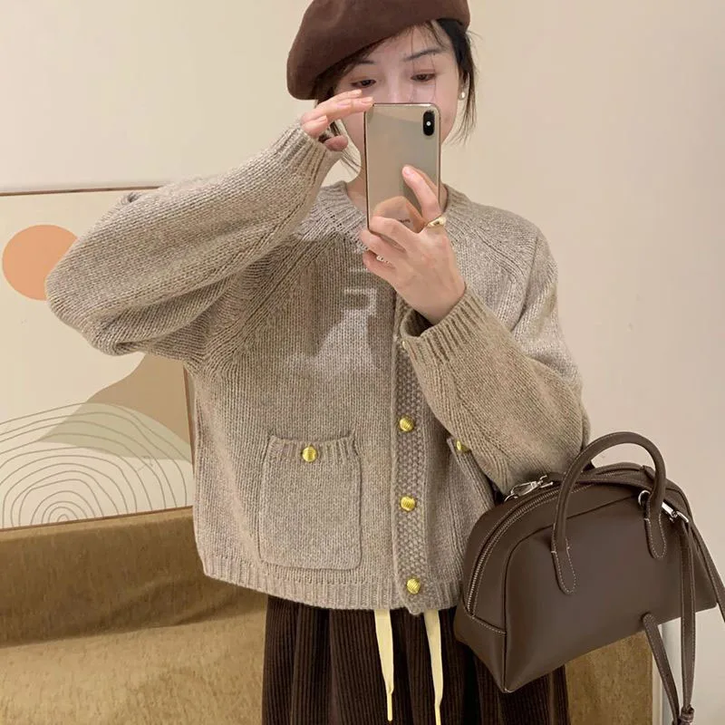 Fashionable gold button sweater cardigan winter new versatile sweet top showing slimming temperament small shirt for women