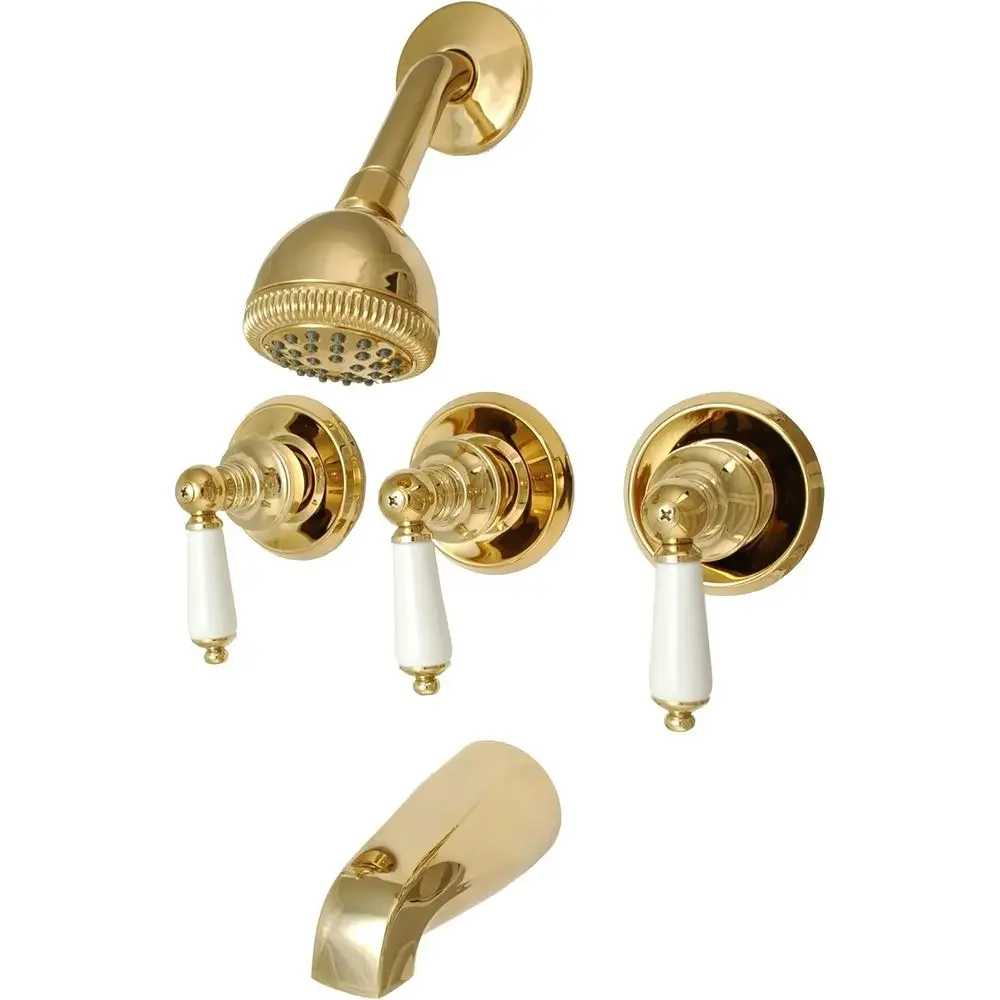 8 Three-Handle Tub and Shower Faucet, Polished Brass Finish, Porcelain Lever Handles