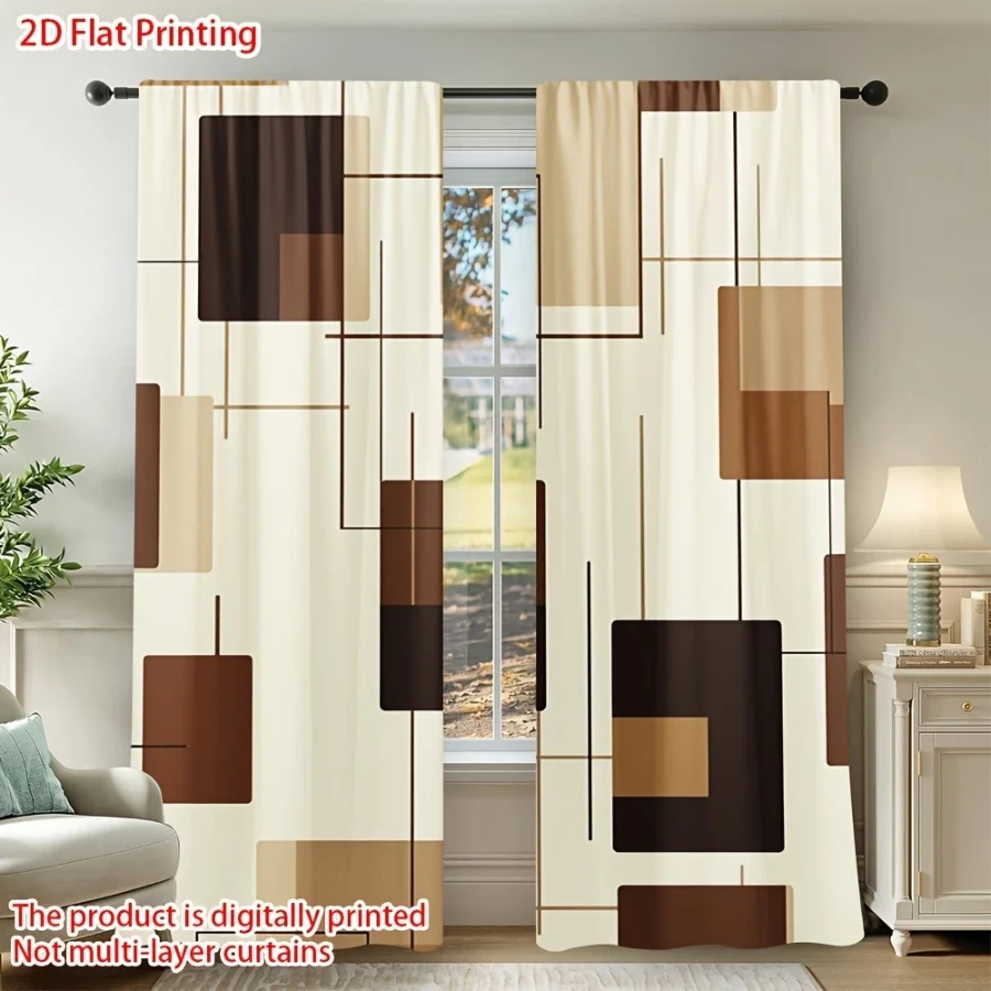 2PCS Digital Printed Curtains, Warm Brown Geometric Pattern, Mid Century Modern Style for Living Room Bedroom Home Decor