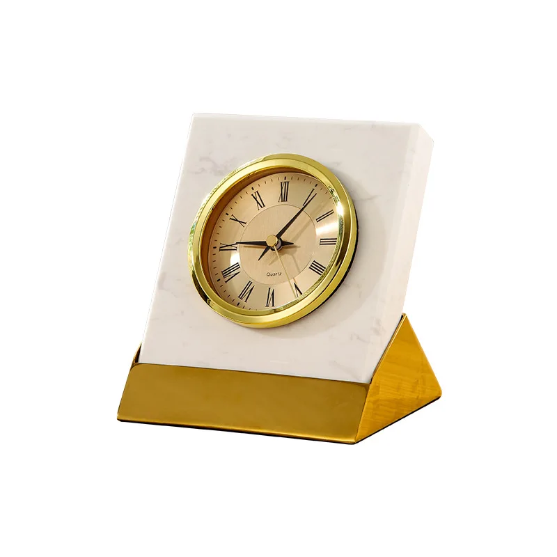 

European light luxury marble metal clock ornaments, home living room bedroom desktop clock crafts
