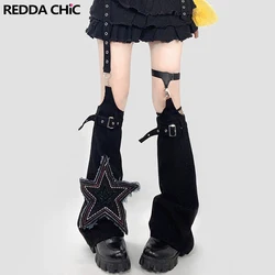 REDDACHiC Asymmetric Black Denim Leg Warmers Star Spliced Women Acubi Fashion Bandage Thigh-high Footless Socks Long Boots Cover